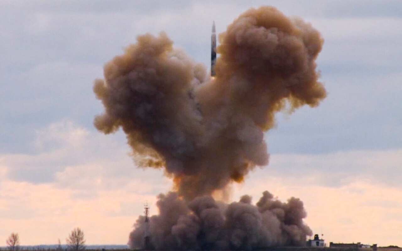 the Avangard hypersonic vehicle blasts off during a test launch at an undisclosed location in Russia.