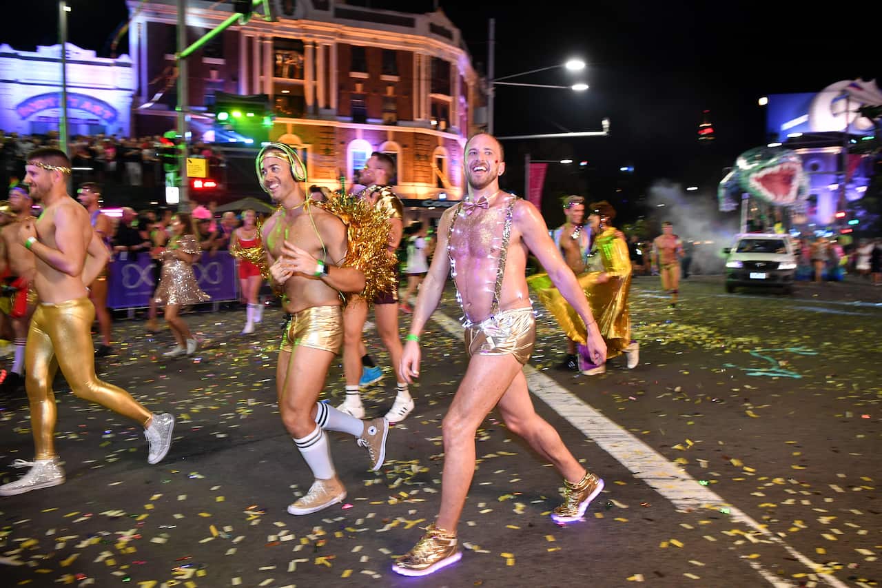 Participants are seen taking part in the 40th annual Gay and Lesbian Mardi Gras parade in Sydney, Saturday, March 3, 2018. (AAP Image/Joel Carrett) NO ARCHIVING