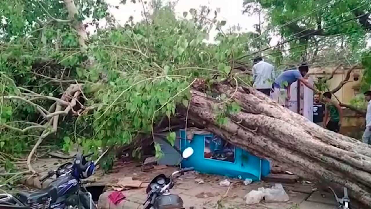 This frame grab from video provided by XYZ News shows damage caused by a rainstorm in the western Indian state of Rajasthan, Thursday, May 3, 2018.