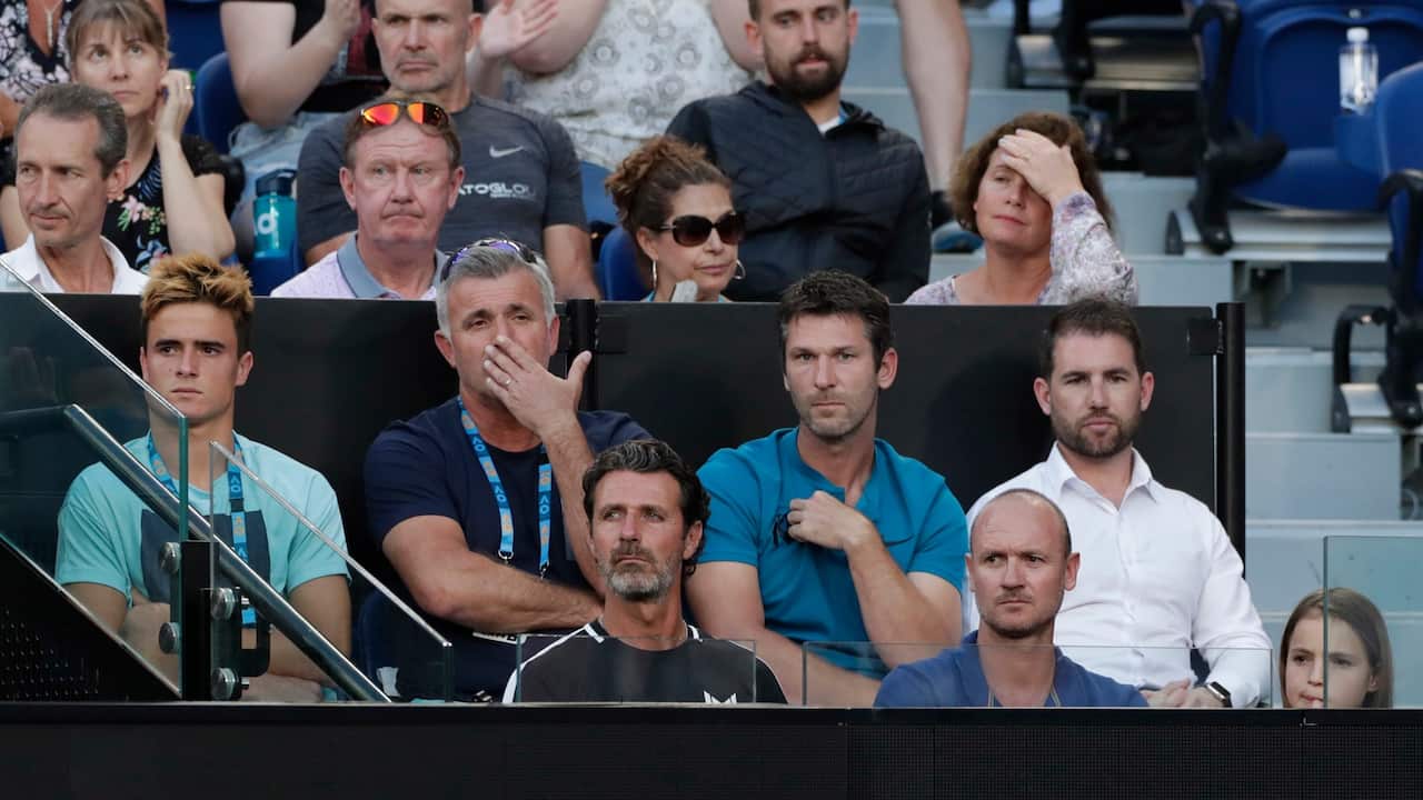 Petros Tsitsipas (L), Apostolos Tsitsipas & tennis coach Patrick Mouratoglou watch round 4 men's singles match between Tsitsipas & Federer, Aus Open, 20.01.19.