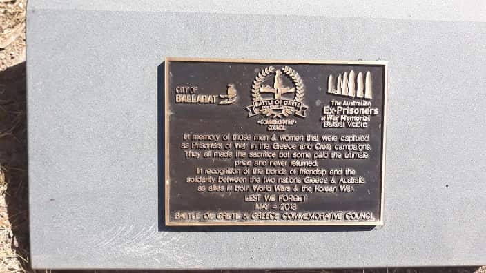 Battle of Crete & Greece Commemorial Council plaque at Ex-Prisoners of the War Memorial grounds.  