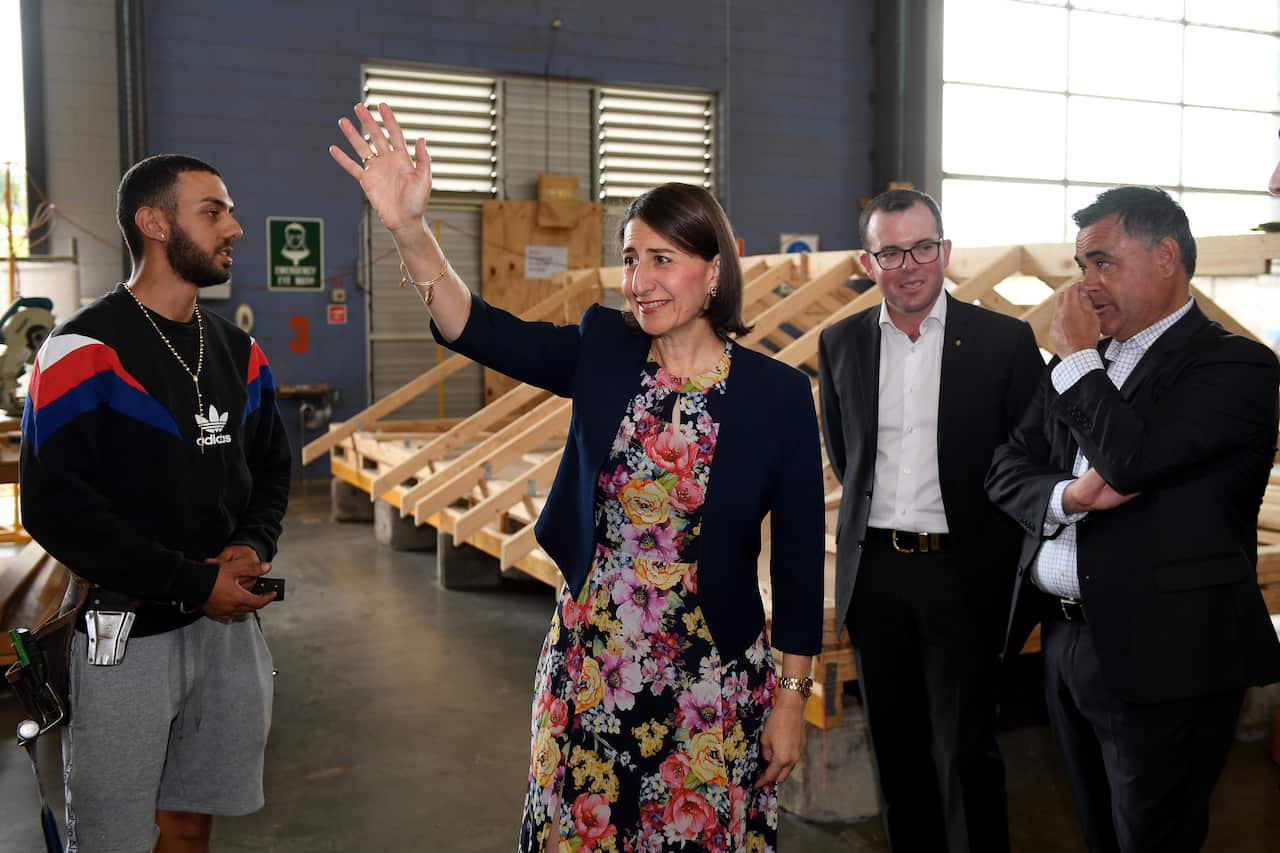 NSW Premier Gladys Berejiklian, Minister for TAFE NSW Adam Marshall and Deputy Premier John Barilaro (right) during a visit to the Miller TAFE in south west Sydney, Wednesday, February 27, 2019. (AAP Image/Dan Himbrechts) NO ARCHIVING