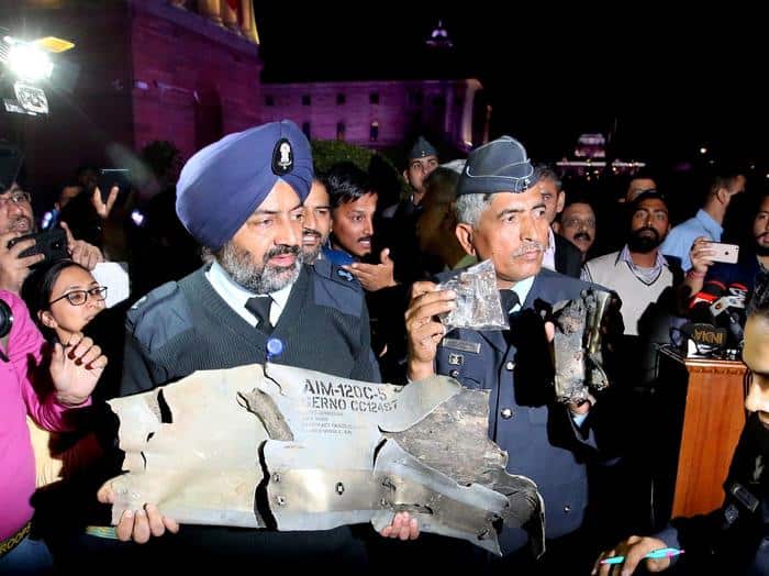 Officials show wreckage of missile recovered from Indian territory, allegedly fired by a Pakistani F-16 fighter jet violating Indian Airspace.