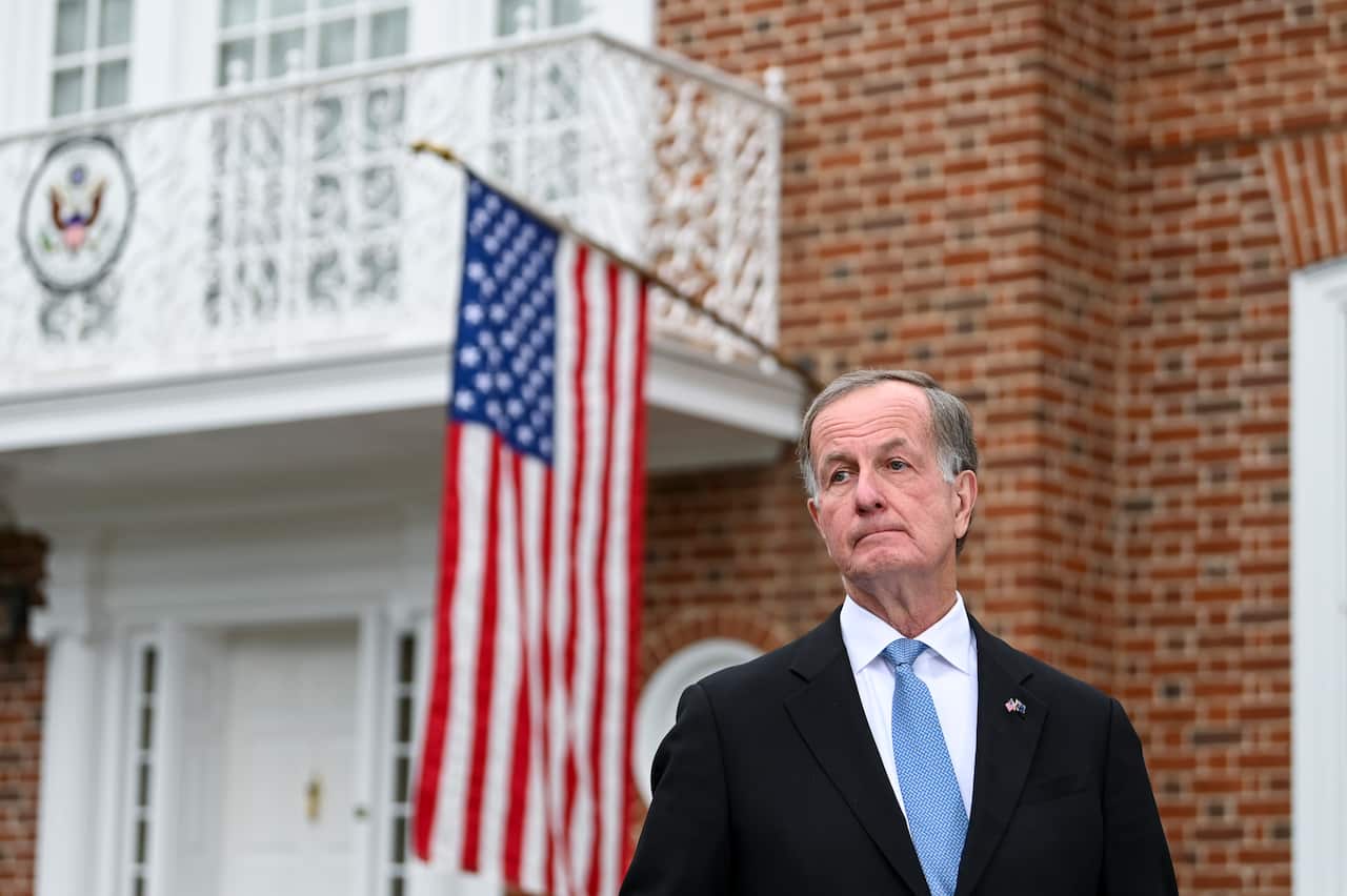 Incoming United States' Ambassador to Australia, Arthur B. Culvahouse speaks to the media during his first press conference outside his residence at the US Embassy in Canberra, Wednesday, March 13, 2019. (AAP Image/Lukas Coch) NO ARCHIVING