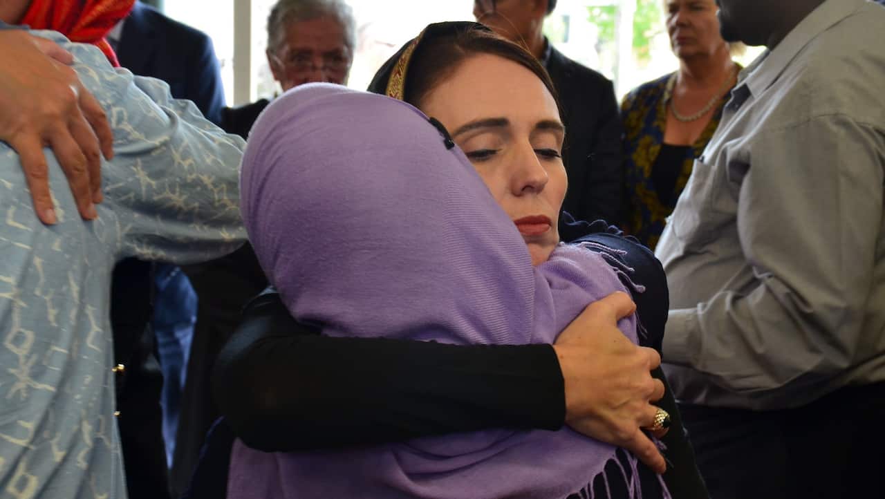 New Zealand Prime Minister Jacinda Ardern meets with members of the Muslim community in the wake of the mass shooting at the two Christchurch mosques, Christchurch, New Zealand, Saturday, March 16, 2019. (AAP Image/Boris Jancic) NO ARCHIVING