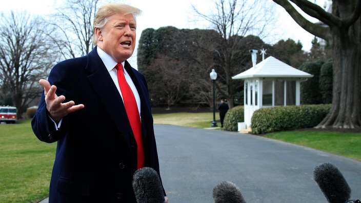 President Donald Trump speaks to reporters before leaving the White House in Washington, Wednesday, March 20, 2019, for a trip to visit the Lima Army Tank Plant in Lima, Ohio, and a fundraising event in Canton. (AP Photo/Manuel Balce Ceneta)