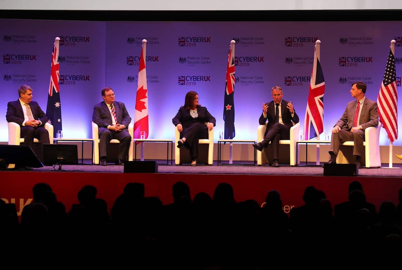Scott McLeod (Australia), Scott Jones (Canadia), Jan Thornborough (New Zealand), Ciaran Martin (UK) Rob Joyce (US) during a Five Eyes session, April 24, 2019.