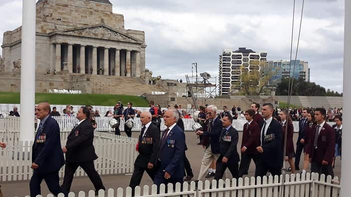 Member of Melbourne's Hellenic RSL marching in front of the Shrine of Remembrance (25 April 2019). 
