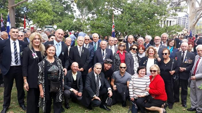 Members and friends of Melbourne's Hellenic RSL at the Shrine of Remembrance (25 April 2019). 