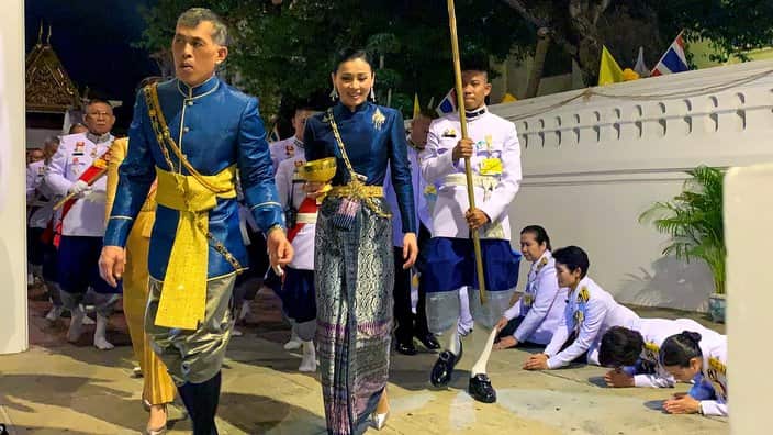 Thai King Maha Vajiralongkorn Bodindradebayavarangkun (Thai King Rama X) walking with Queen Suthida to the ceremony of Assumption at the Royal Residence inside the Grand Palace in Bangkok, Thailand, 04 May 2019