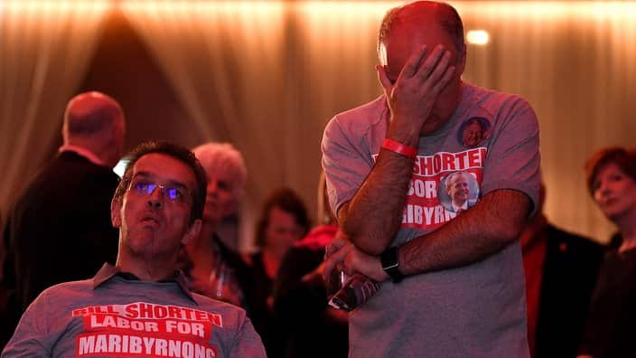Labor supporters watch the tally count at the Federal Labor Reception at Hyatt Place Melbourne, Essendon Fields, in Melbourne, Saturday, 18 May, 2019.