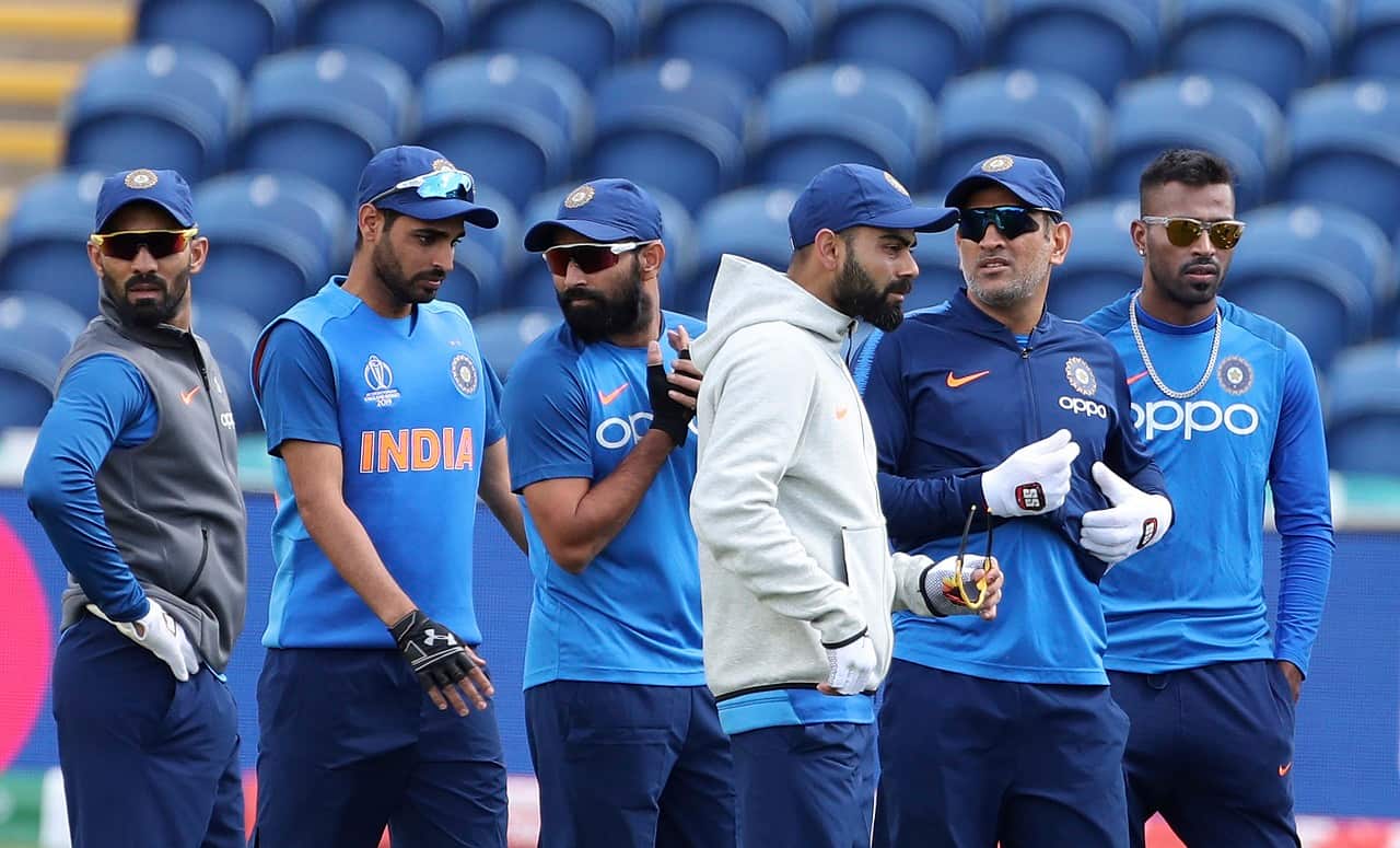 India's captain Virat Kohli, third right, and teammates attend a training session ahead of their Cricket World Cup warm up match against Bangladesh at Sophia Gardens in Cardiff, England, Monday, May 27, 2019. (AP Photo/Aijaz Rahi)