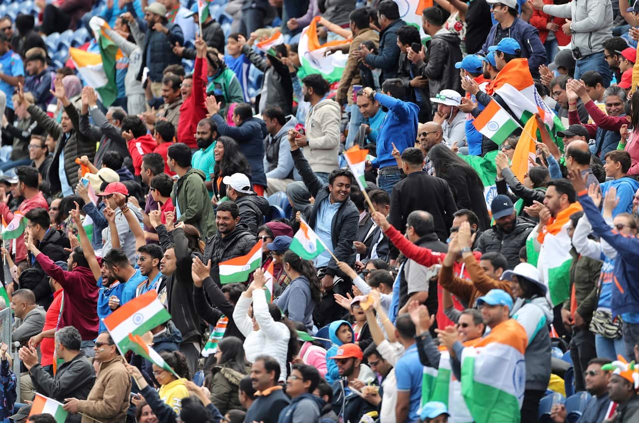 Indian supporters cheer for their team during the Cricket World Cup warm up match between Bangladesh and India at Sophia Gardens in Cardiff, England, Tuesday, May 28, 2019. (AP Photo/Aijaz Rahi)