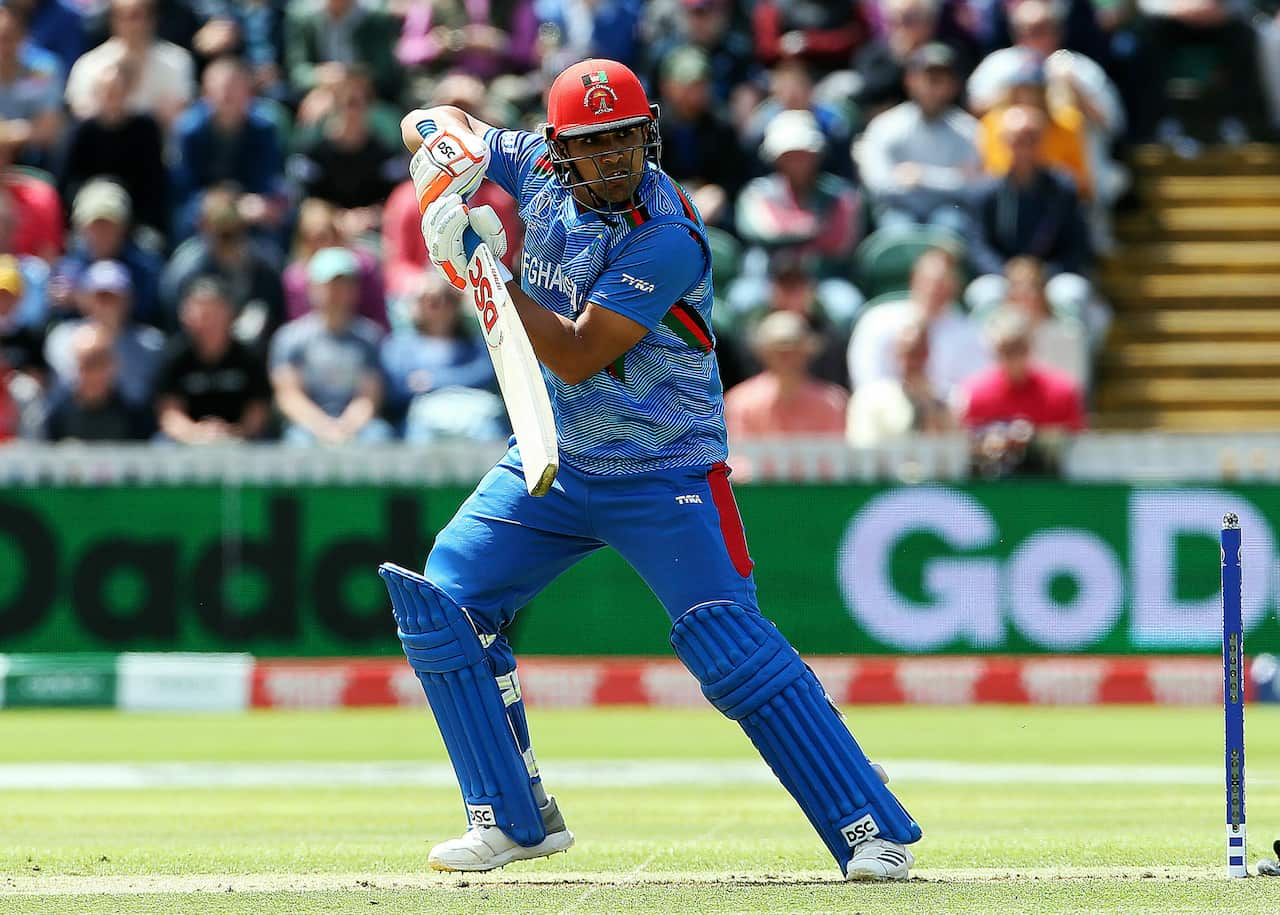 Afghanistan's Hazratullah Zazai in batting action during the ICC Cricket World Cup group stage match between Afghanistan and New Zealand at the County Ground Taunton, England, Saturday, June 8, 2019. (Mark Kerton/PA via AP)