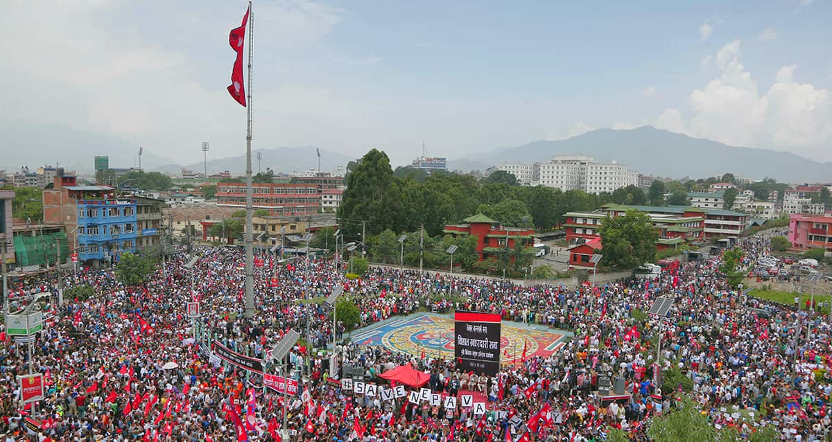 Nepali Newar community people gather during a protest against government in Kathmandu, Nepal, Wednesday, June 19, 2019. Thousands of people protested in the Nepalese capital to protest a Bill that would give government control over community and religio