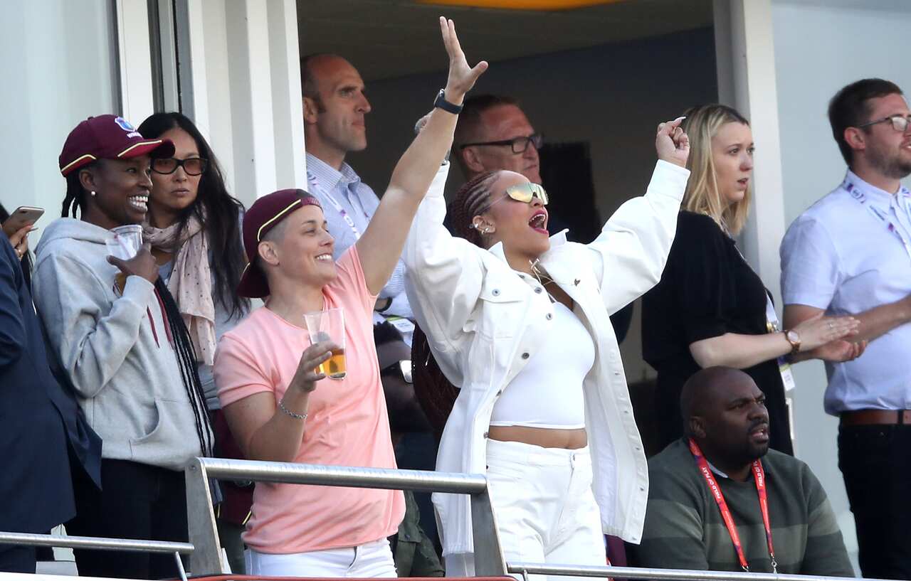 Rihanna watches the action from the stands during the ICC Cricket World Cup group stage match at The Riverside Durham, Chester-le-Street