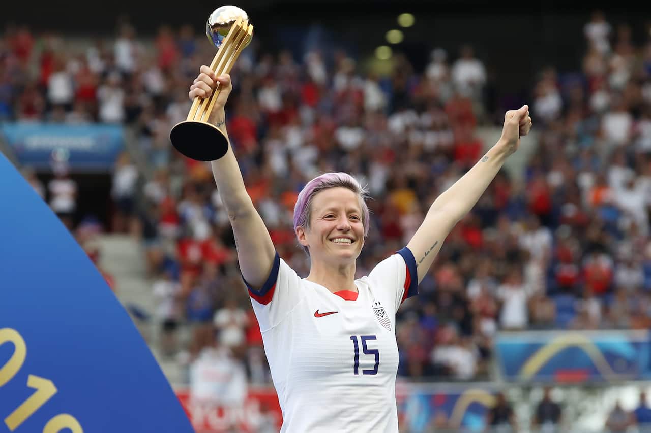 Megan Rapinoe of USA celebrates with her award after the final whistle of the FIFA Women's World Cup match at Stade de Lyon, Lyon. Picture date: 7th July 2019. Picture credit should read: Jonathan Moscrop/Sportimage via PA Images.