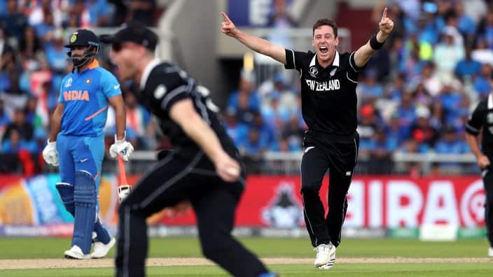 New Zealand's Matt Henry celebrates taking the wicket of India's Dinesh Karthik during the ICC World Cup, Semi Final at Old Trafford, Manchester July 10, 2019.