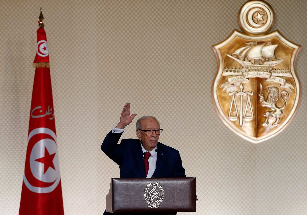 epa07739246 (FILE) - Tunisian President Beji Caid Essebsi delivers a speech at the Convention Centre in Tunis, Tunisia