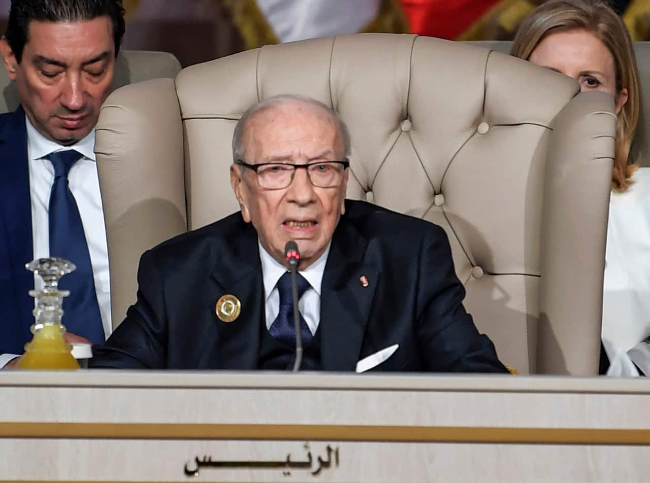 Tunisian President Beji Caid Essebsi chairs the opening session of the 30th Arab Summit in Tunis, Tunisia.