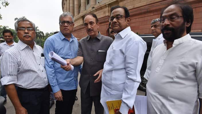 Leader of opposition in Rajya Sabha Ghulam Nabi Azad, P Chidambaram, TMC Rajya Sabha MP Derek O'Brien and others after a walkout from Rajya Sabha during the introduction of a resolution to scrap Article 370 at Parliament on August 5, 2019