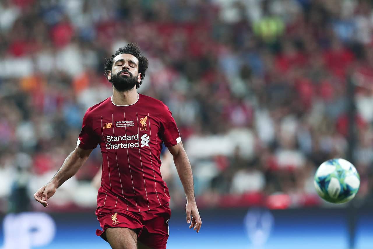 Liverpool's Mohamed Salah reacts during the UEFA Super Cup match between Liverpool FC and Chelsea FC in Istanbul