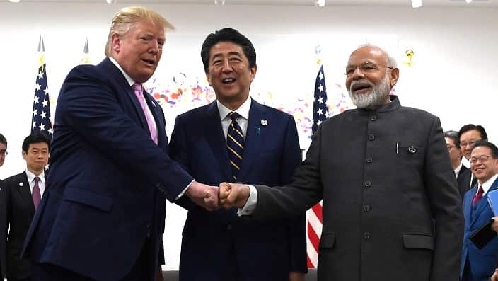 President Trump, Japanese PM Shinzo Abe and Indian PM Narendra Modi during their meeting on the sidelines of G-20 summit in Osaka, Japan. (AP Photo/Susan Walsh)