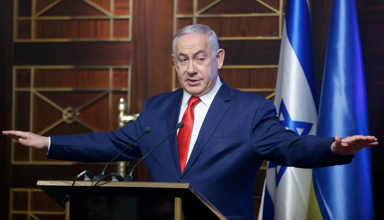 Israeli Prime Minister Benjamin Netanyahu delivers his speech during meeting with businessmen in Kyiv, Ukraine.