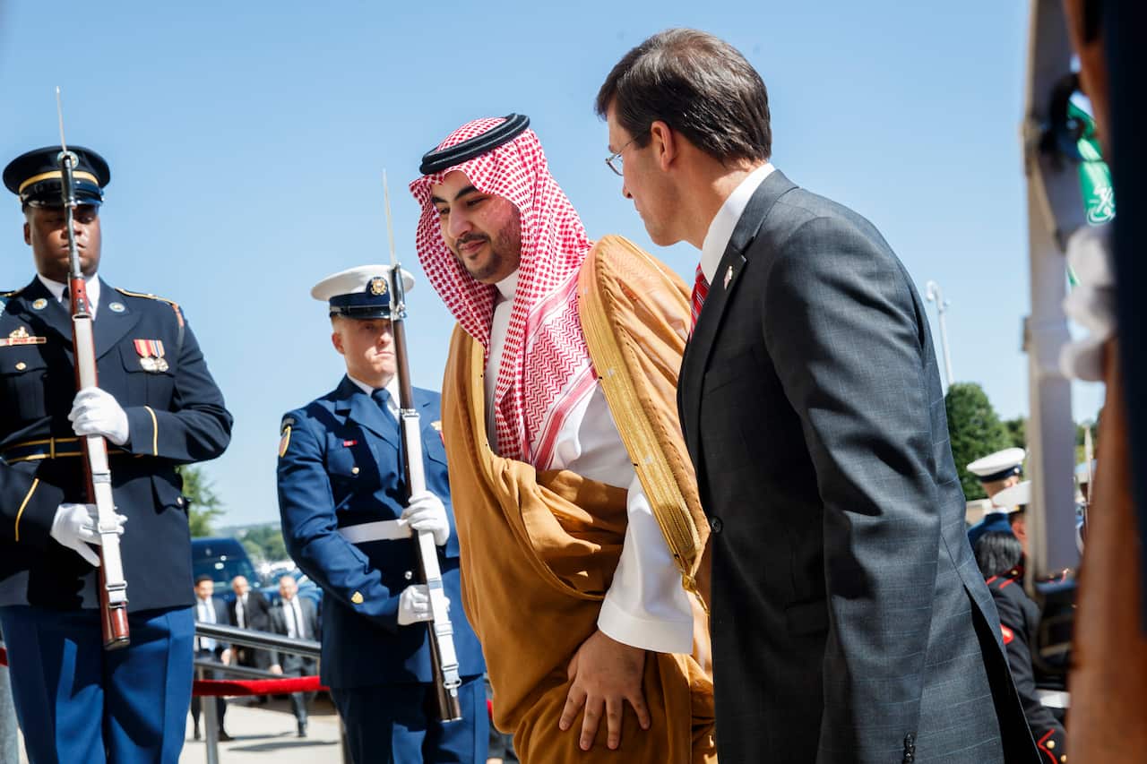 US Secretary of Defense Mark Esper (R) greets Vice Minister of Defense of the Kingdom of Saudi Arabia Prince Khalid bin Salman (L) at the Pentagon 