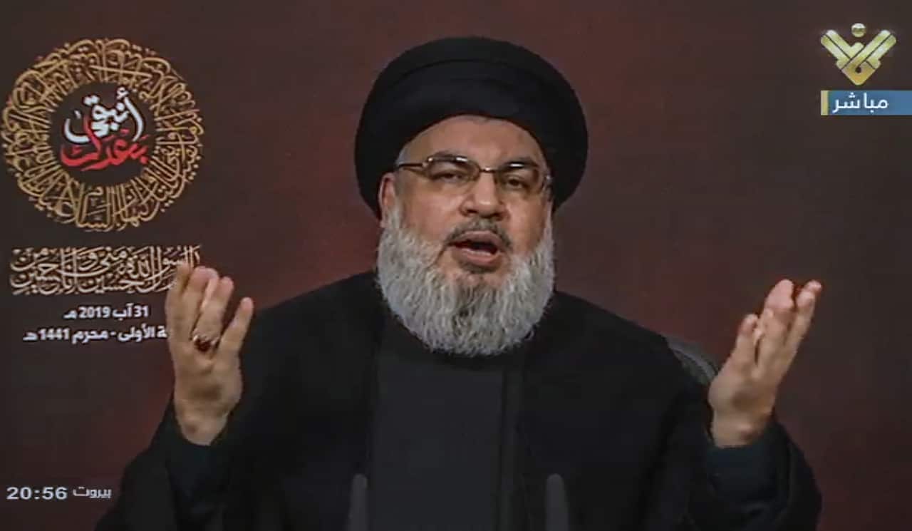 A handout vidoe grab made available by Hezbollah's al-Manar TV shows Hezbollah leader Sayed Hassan Nasrallah giving a speech