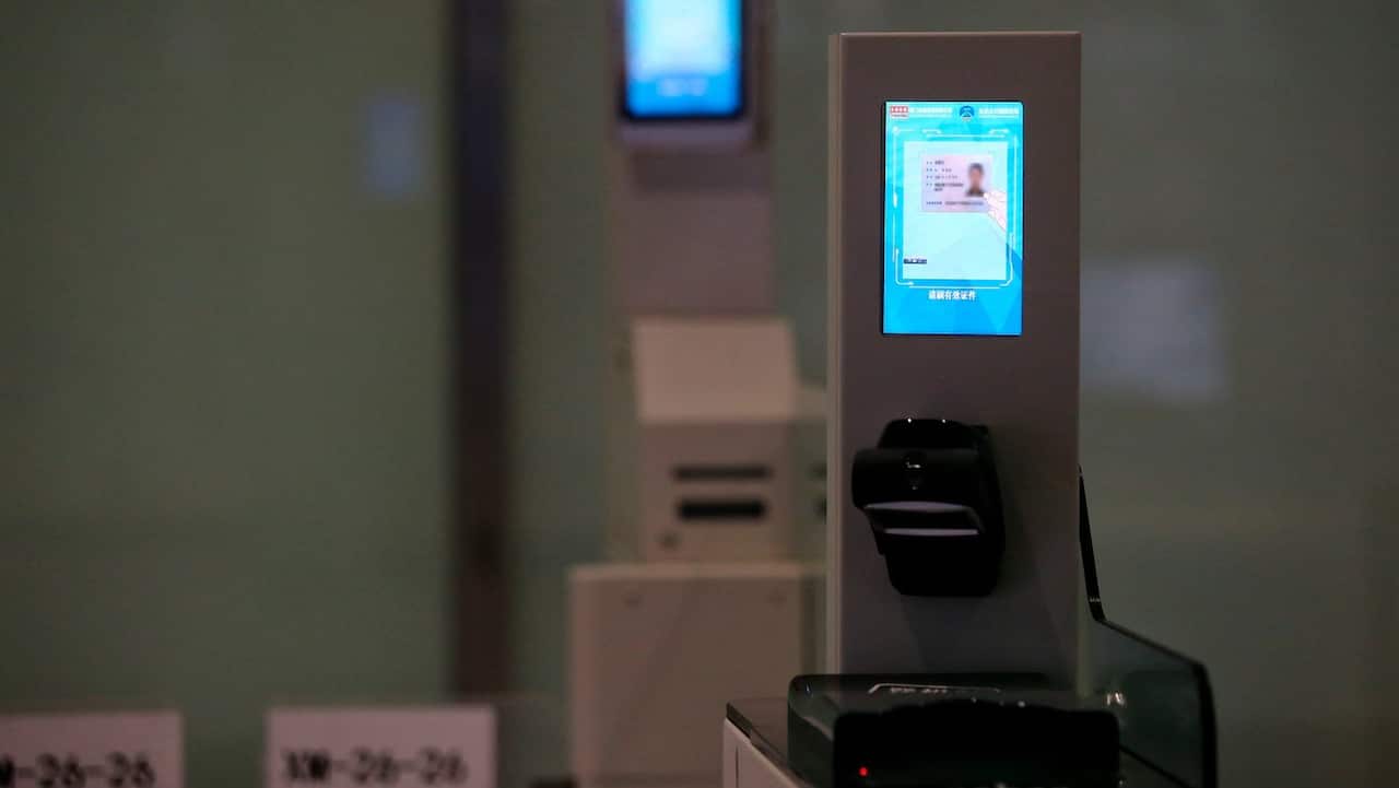 Picture of the facial recognition machines in the Beijing Daxing International Airport in Beijing, China, 4 September 2019.  (Imaginechina via AP Images)