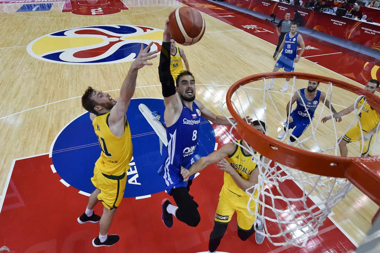 Tomas Satoransky of the Czech Republic takes a shot during the FIBA Basketball World Cup quarter-final game between Australia and Czech Republic in Shanghai China, Wednesday, Sept. 11, 2019. (Wang Zhao/Pool Photo via AP)
