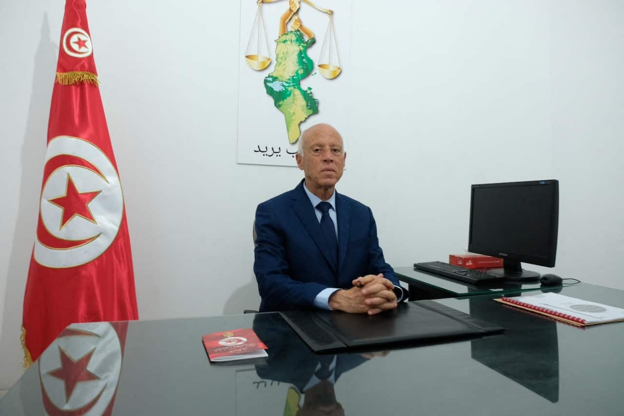 Kais Saied, in his office, gets the results of the first round of the presidential elections in Tunisia on September 15, 2019.
