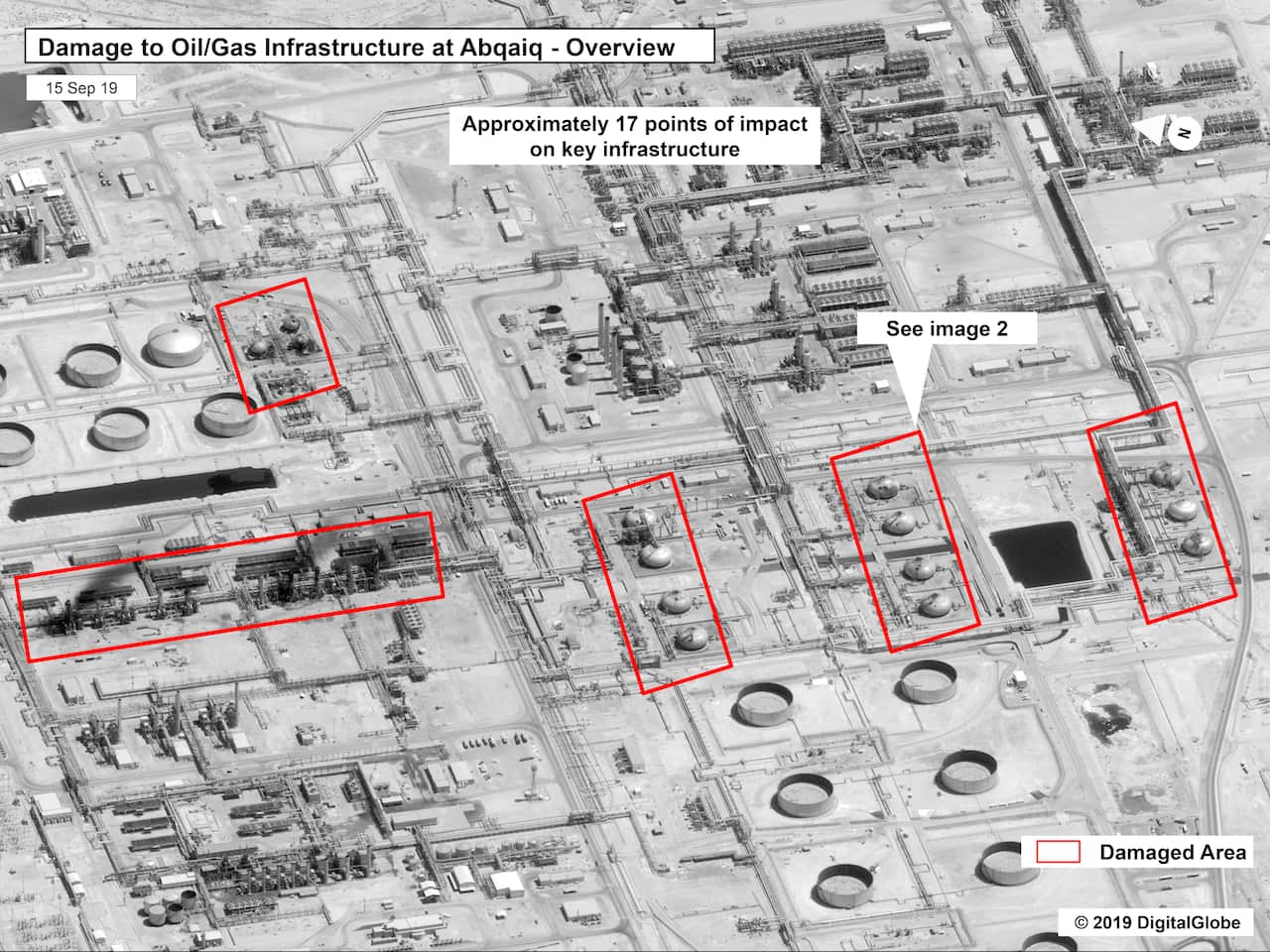 This image provided on Sunday, Sept. 15, 2019, by the U.S. government and DigitalGlobe and annotated by the source, shows damage to the infrastructure at Saudi Aramco's Abaqaiq oil processing facility in Buqyaq, Saudi Arabia. The drone attack Saturday on 