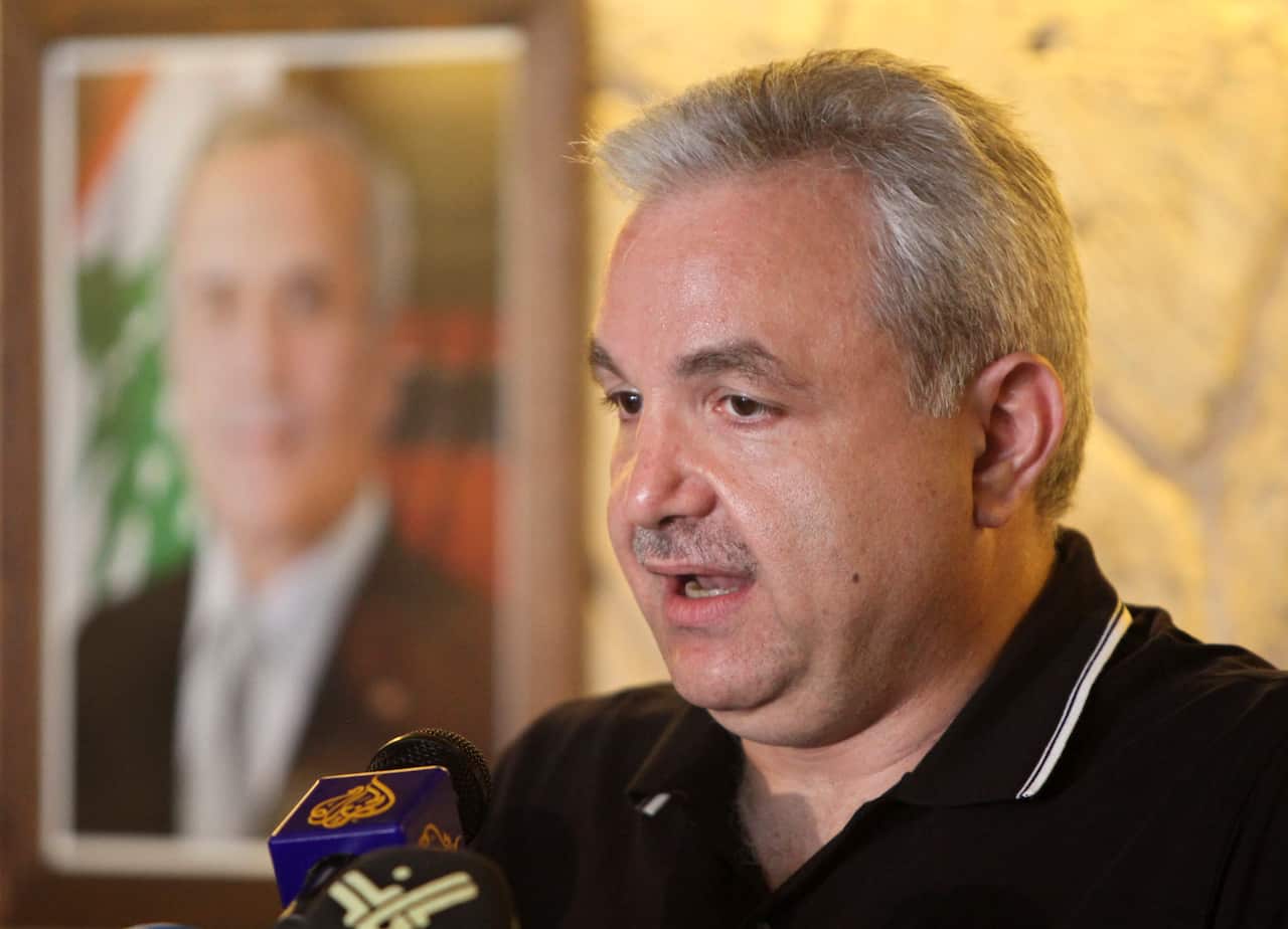 former Lebanese Defense Minister Elias El-Murr speaks during a news conference at a military base near Beirut, Lebanon.