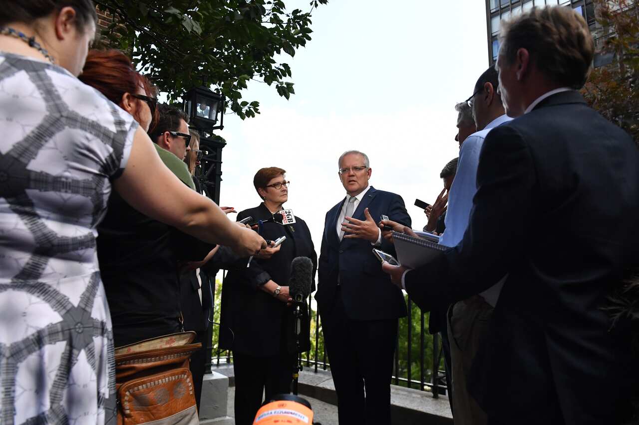 Australia's Minister for Foreign Affairs Marise Payne and Prime Minister Scott Morrison at a press conference in New York, United States, Tuesday, September 24, 2019. (AAP Image/Mick Tsikas) NO ARCHIVING