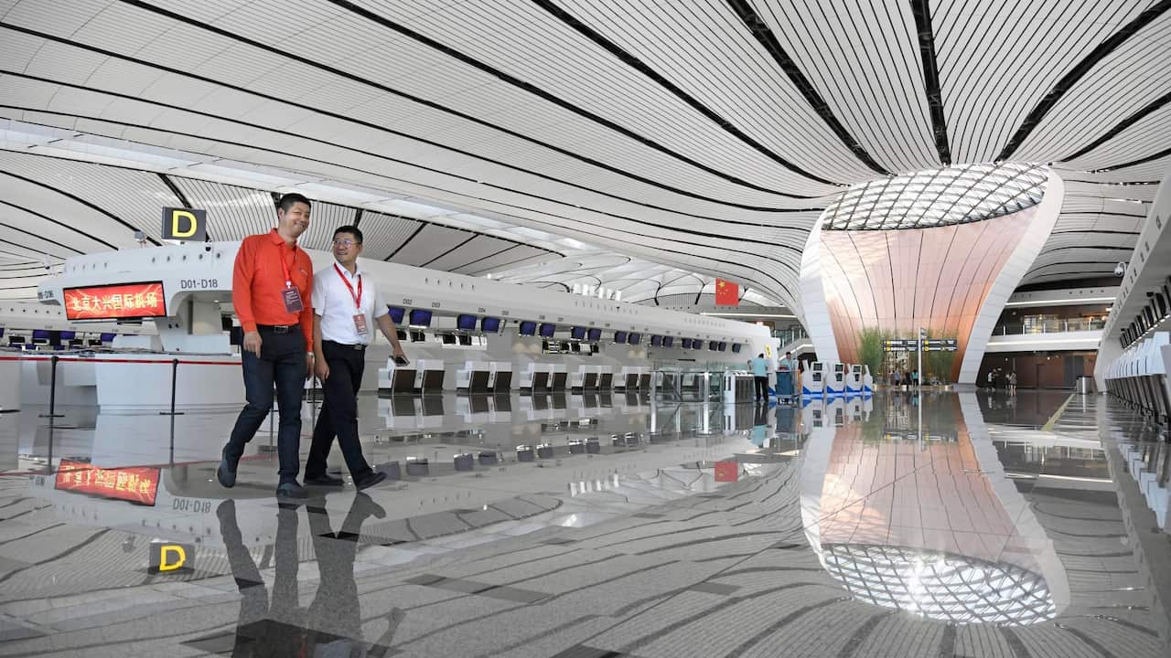 The departure lobby is seen at the new Daxing International Airport ahead of the 70th founding anniversary of the People's Republic of China in Beijing, China  Wednesday, Sept. 25, 2019.(Naohiko Hatta/Kyodo News via AP)