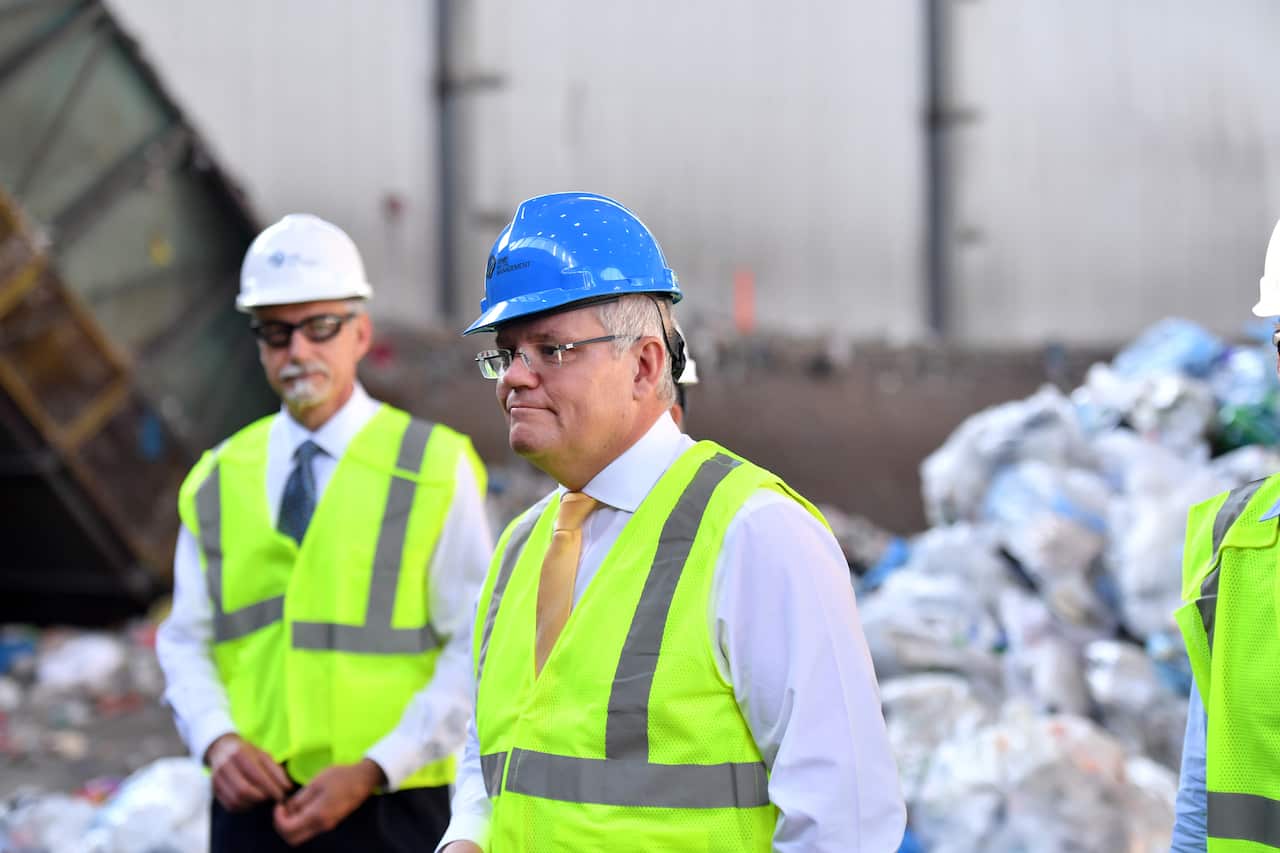 Australia's Prime Minister Scott Morrison at a waste recycling depot near Brooklyn in New York, United States, Wednesday, September 25, 2019. (AAP Image/Mick Tsikas) NO ARCHIVING