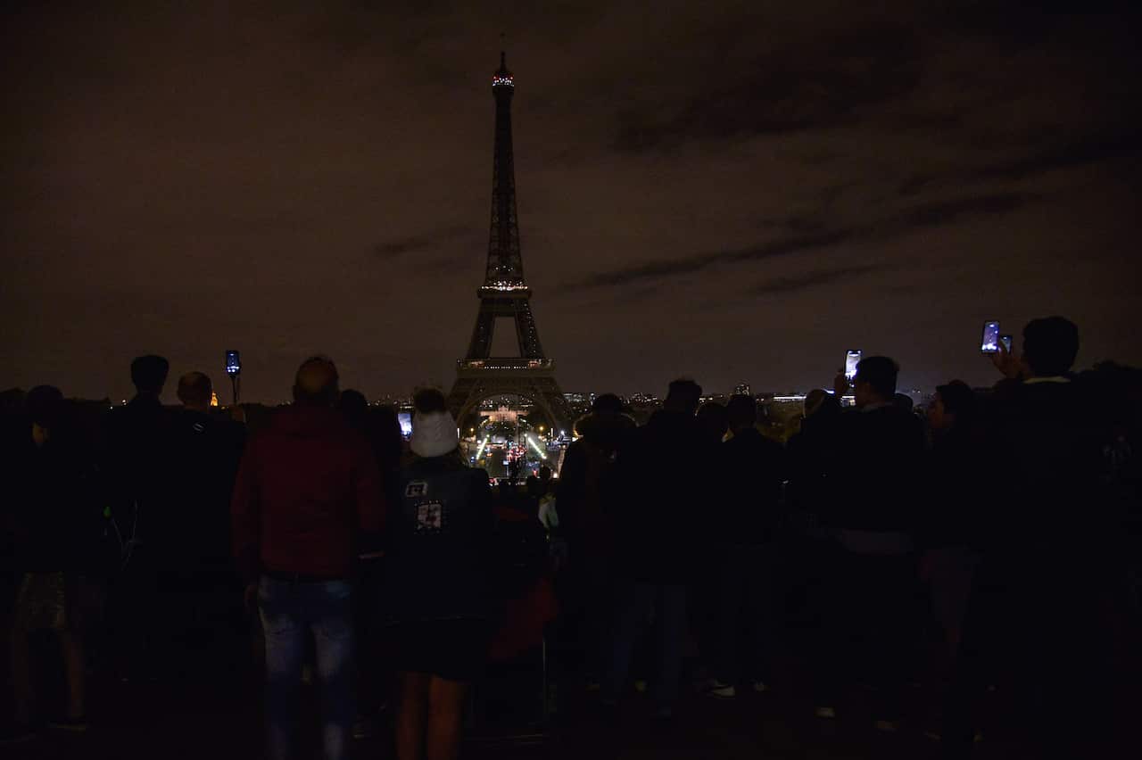 Eiffel Tower's lights are shut down to pay tribute to recently dead former French President Jacques Chirac in Paris, France on September 26, 2019. Photo by Julien Reynaud/APS-Medias/ABACAPRESS.COM.