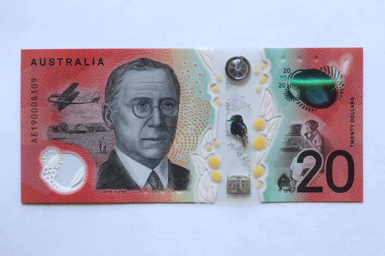 The rear side of Australia's new $20 note is seen during an unveiling to the blind and low vision community at The Reserve Bank of Australia in Melbourne