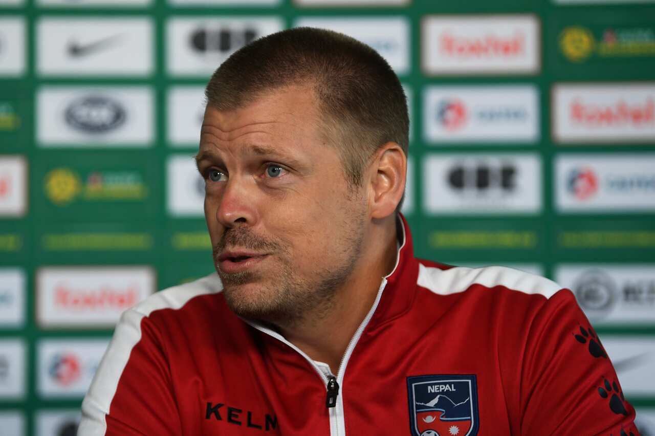Nepalese coach Johan Kalin speaks during an Australian Socceroos pre-match press conference at GIO Stadium in Canberra, Wednesday, October 9, 2019. (AAP Image/Lukas Coch) NO ARCHIVING