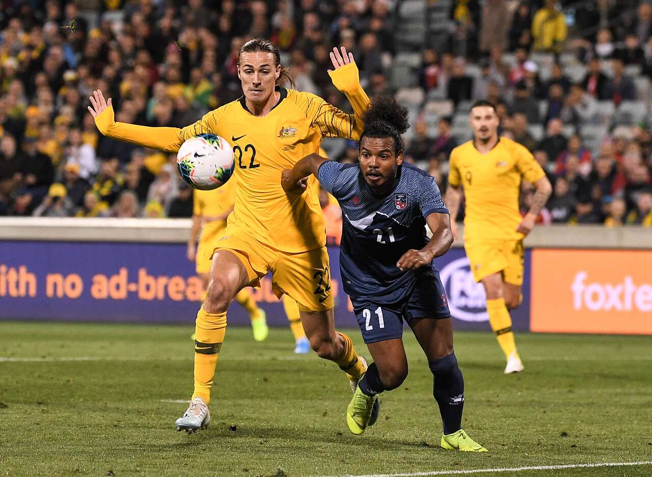 Jackson Irvine of Australia in action during the FIFA World Cup Asian Qualifiers match between the Australian Socceroos and Nepal at GIO Stadium in Canberra, Thursday, October 10, 2019. (AAP Image/James Gourley) NO ARCHIVING, EDITORIAL USE ONLY.