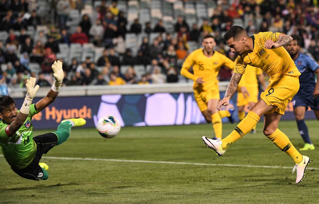 Jamie Maclaren of Australia scores his third goal during the FIFA World Cup Asian Qualifiers match between the Australian Socceroos and Nepal