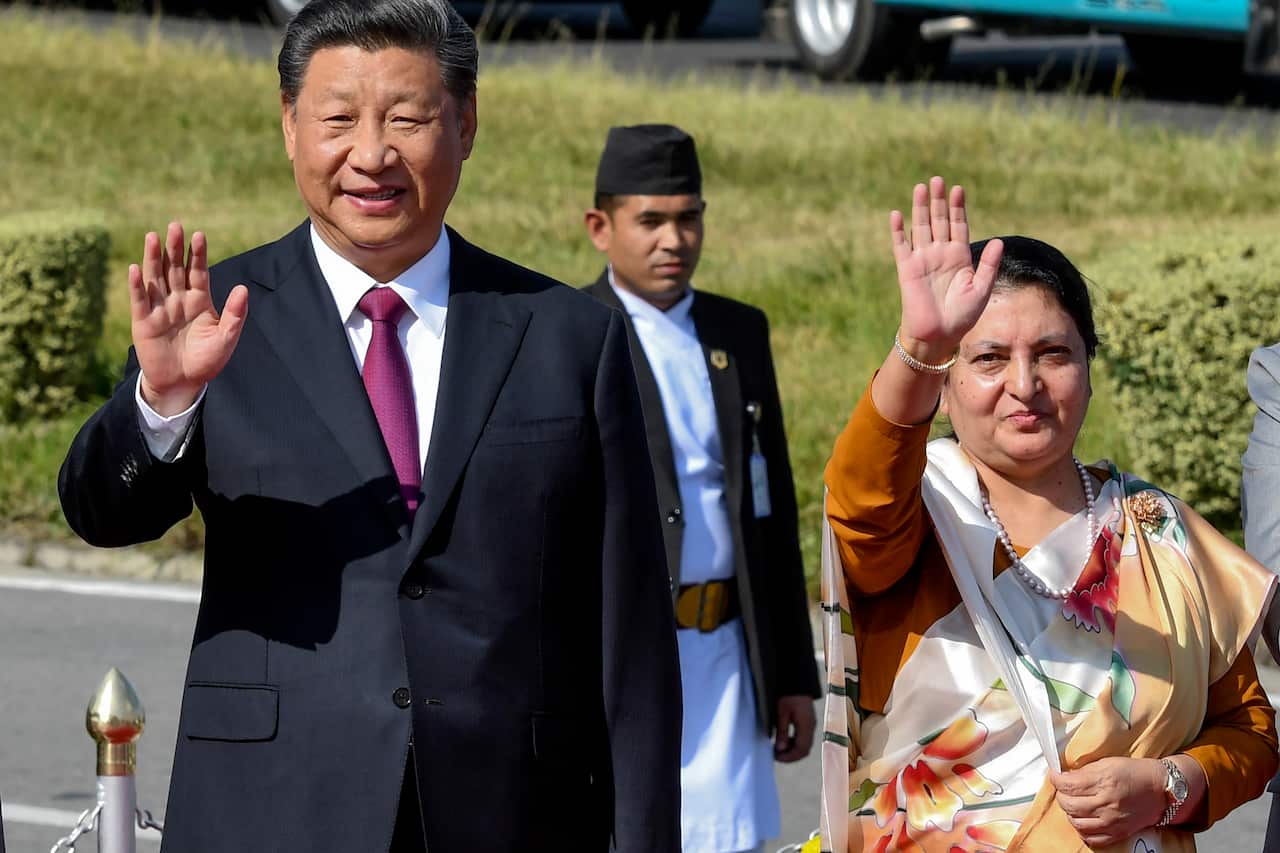 in Kathmandu, Nepal, Sunday, Oct. 13, 2019. Nepal and China signed 20 agreements on Sunday, including one on a trans-Himalayan railway, as Chinese President Xi Jinping wrapped up a two-day visit to the Himalayan nation. ()