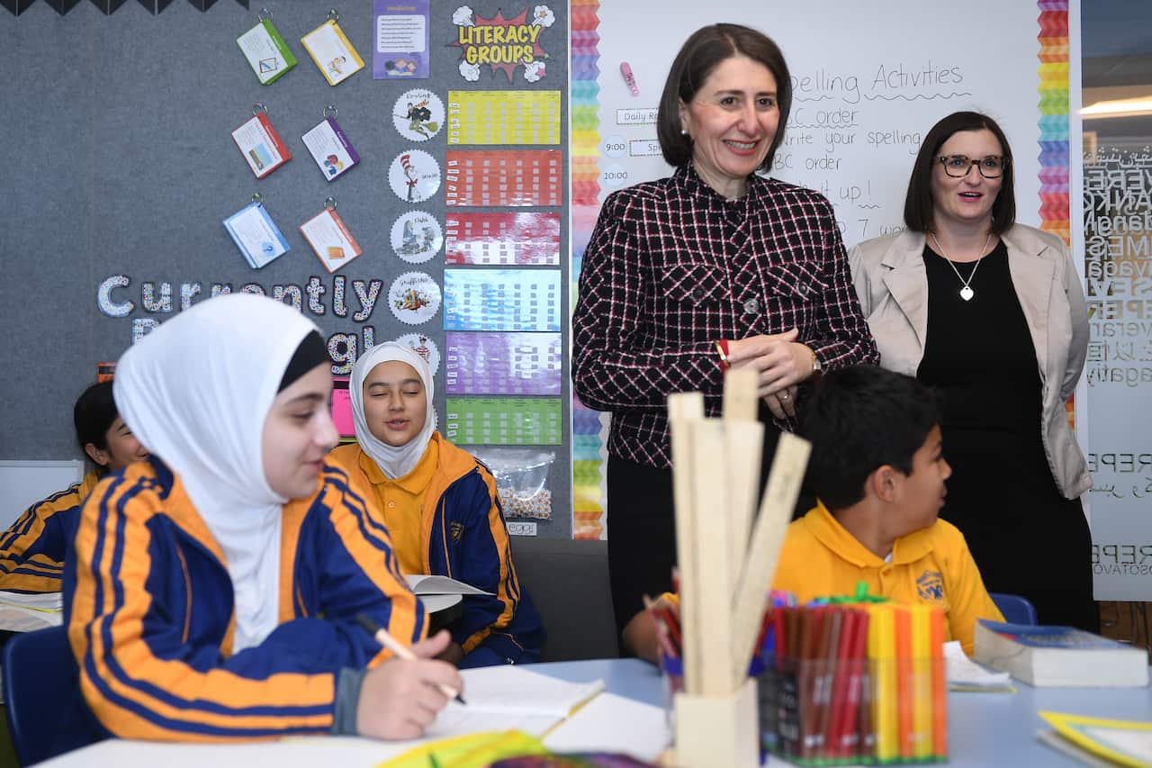 New South Wales Premier Gladys Berejiklian (2nd from right) and Minister for Education Sarah Mitchell (right) during a tour at Merrylands Public School 