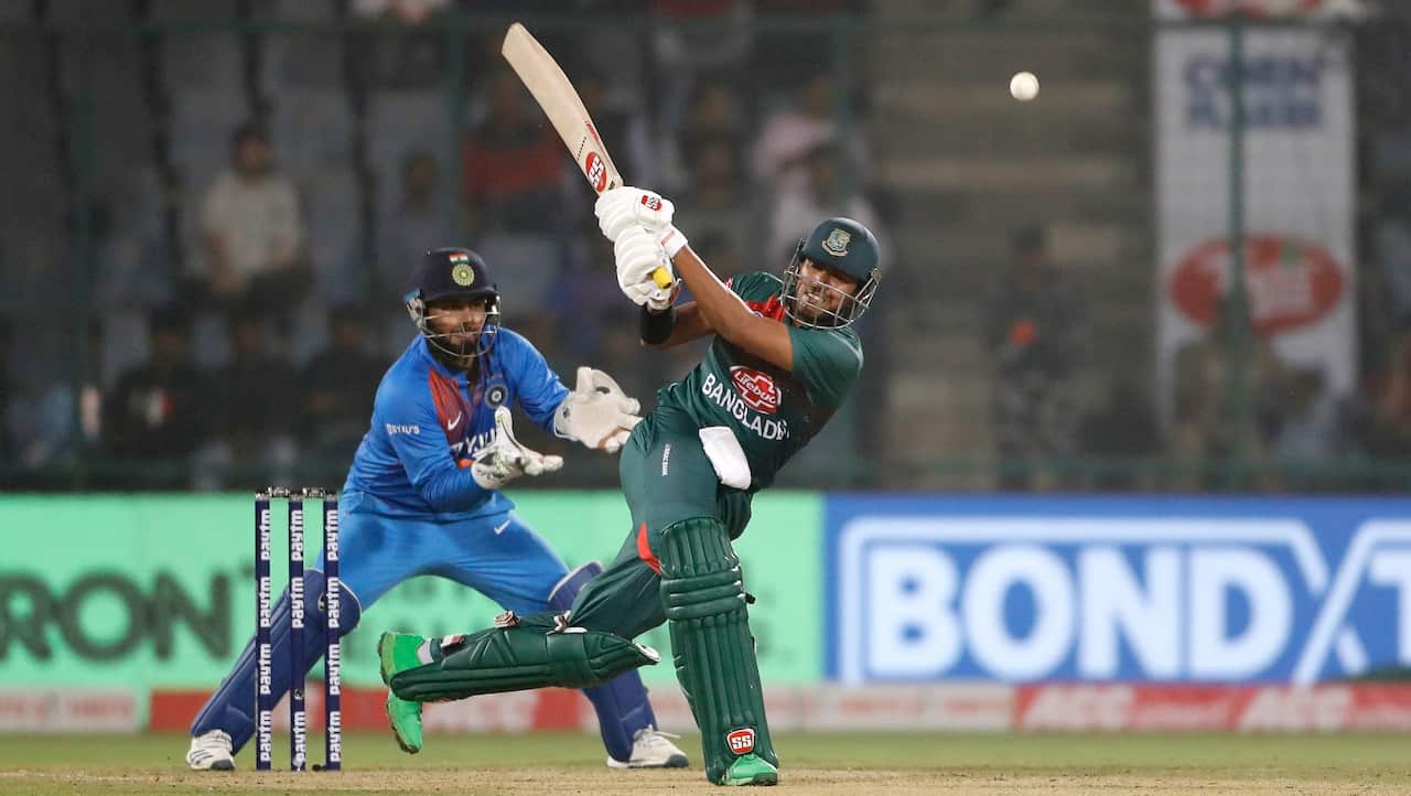 Bangladesh's Soumya Sarkar plays a shot against India during the first T20 cricket match at the Arun Jaitley stadium, in New Delhi, India, Sunday, Nov. 3, 2019. (AP Photo/Manish Swarup)
