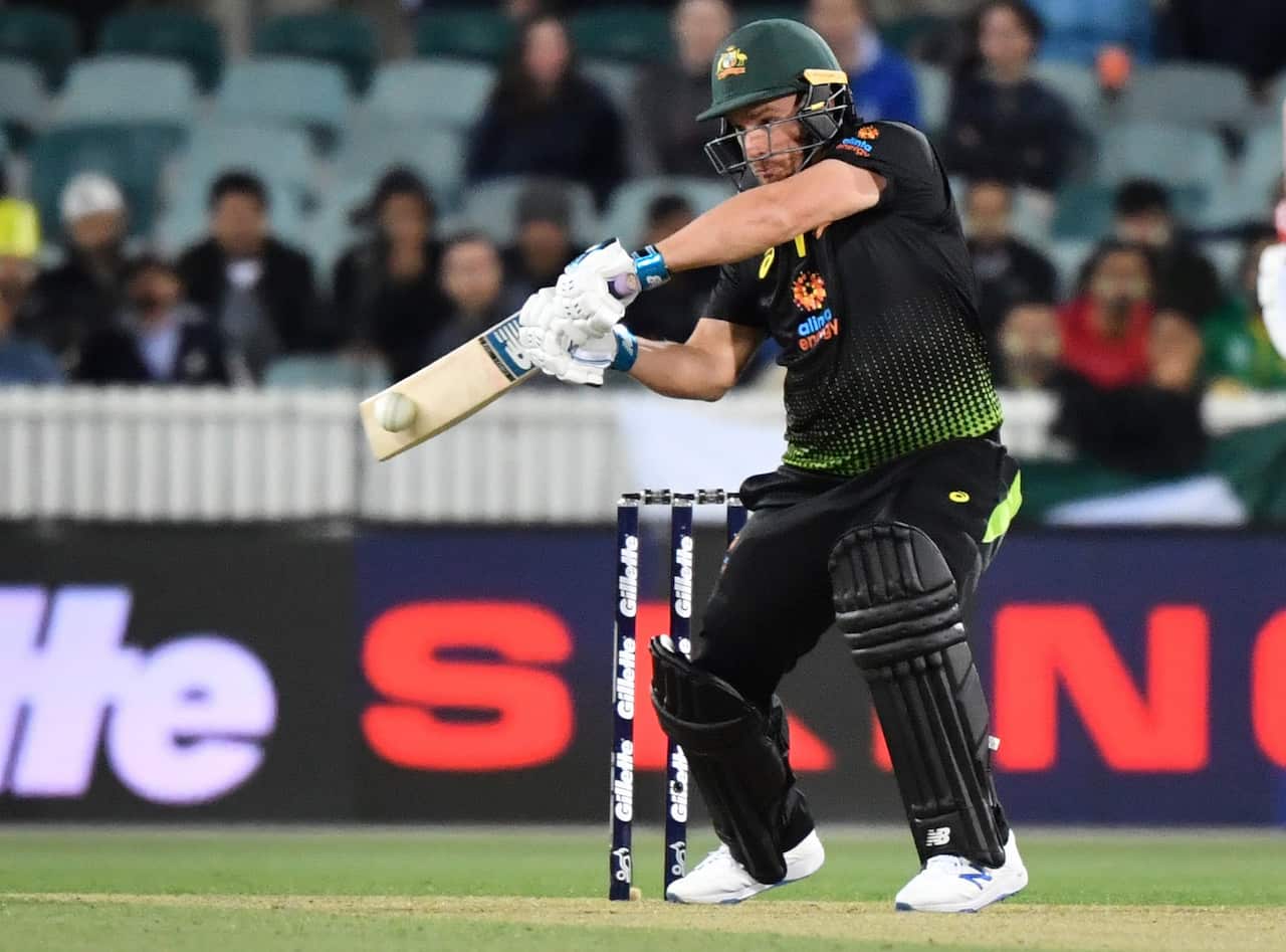 Australia's Aaron Finch during the T20 International cricket match between Australia and Pakistanin Canberra, Tuesday, Nov 5, 2019. (AAP Image/Mick Tsikas)