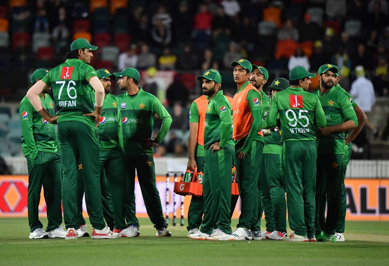 Pakistan's players look on during the T20 International cricket match between Australia and Pakistan at Manuka Oval in Canberra, Tuesday, November 5, 2019.