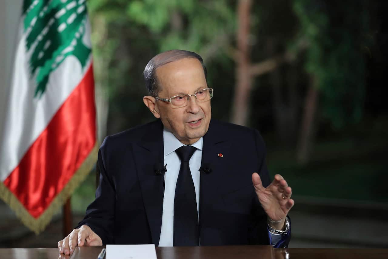 Lebanese President Michel Aoun speaks during a TV interview at the presidential palace, in Baabda, east of Beirut, Lebanon
