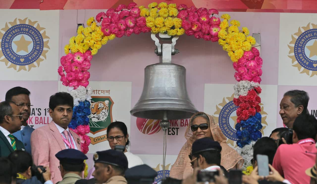 Prime Minister Sheikh Hasina and Mamata Banerjee, Chief Minister of West Bengal state in Kolkata, India, Friday, Nov. 22, 2019.